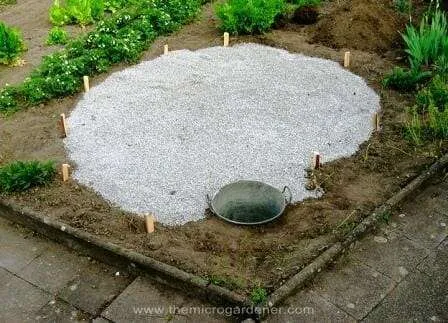 Herb spiral base pegged out, laid with drainage gravel & pond positioned. | The Micro Gardener